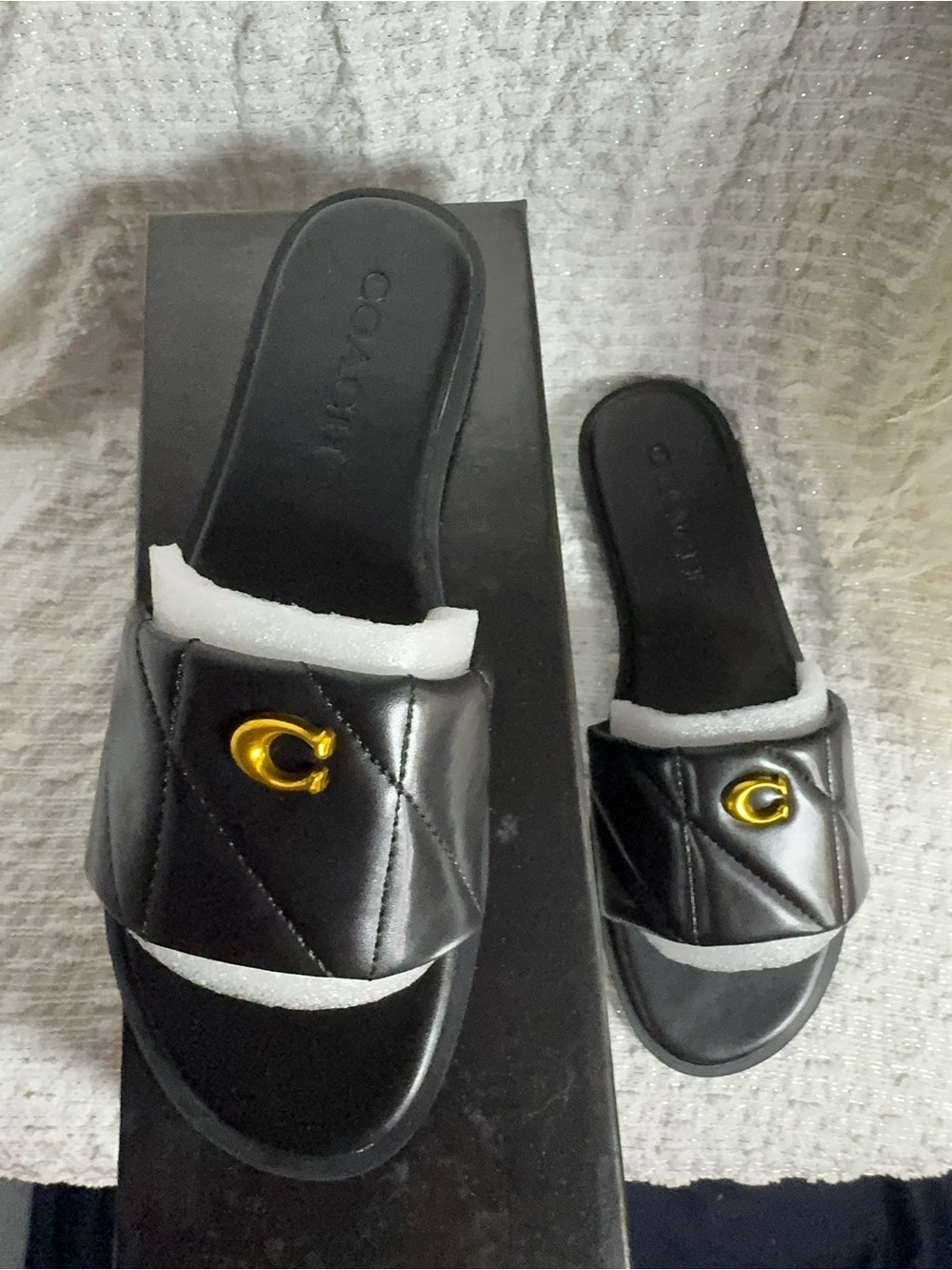 Coach Black Quilted Slide Mules with Gold 'C' Accent
